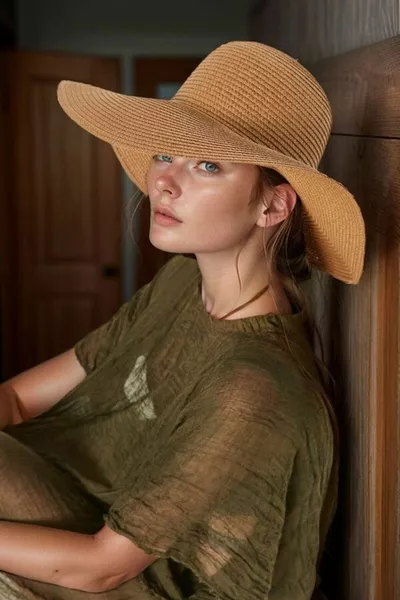 قبعة عريضة الحواف بلون الجملي بنمط محاكاة، عصرية وعملية، للحماية من الشمس 