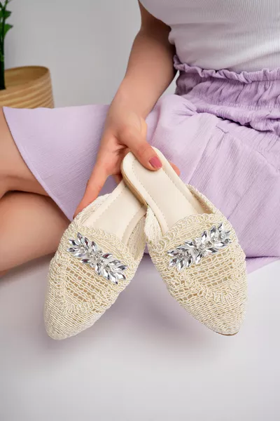 Kadın Taşlı Terlik Önü Kapalı Hasır Dantel Örme Çeyiz Günlük Dış Mekan Terliği Anne Terliği