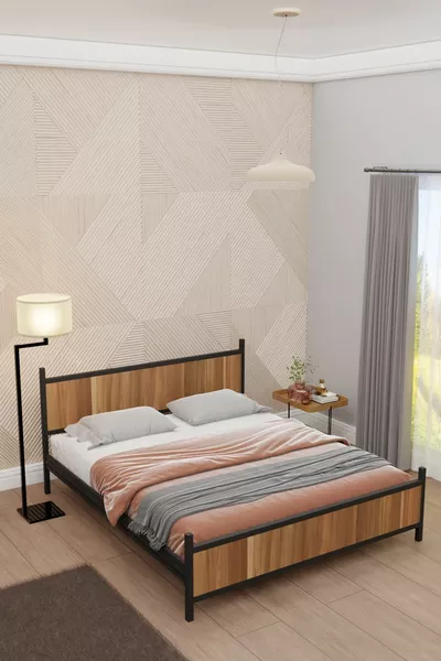 Gm  Modern Çift Kişilik Ahşap Metal Siyah Ceviz Karyola 