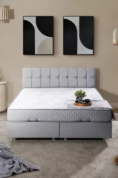 Кровать с основанием и изголовьем Berlin для двоих, светло-серый