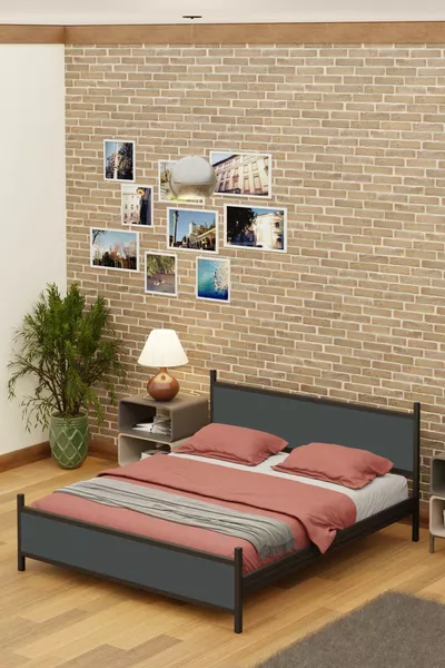 Gm  Modern Çift Kişilik Ahşap Metal Siyah Antrasit Gri Karyola 