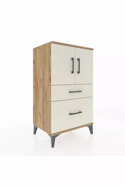 خزانة جانبية هايبرين مع رفين، درجين، بابين، من خشب الصنوبر ولون حجر الآي