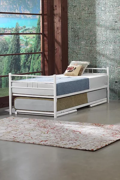 Lit en métal forgé à motifs jumelés avec tête de lit - blanc