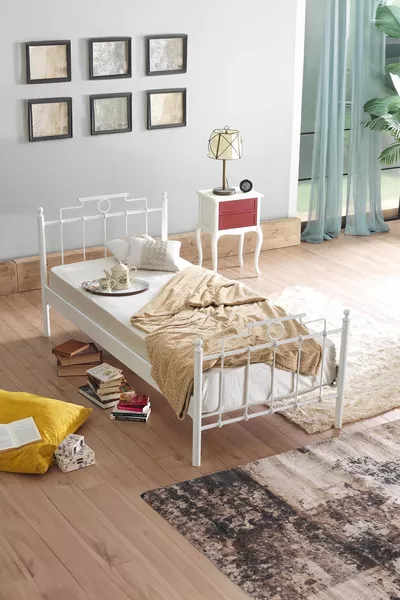 Lit en métal forgé Hatkus pour une personne - blanc (avec lattes en bois)