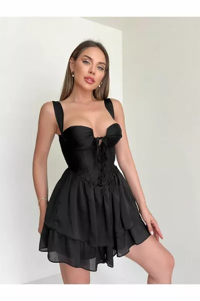 الصدر مفصلة الأشرطة سميكة منخفضة قطع الأسود فستان صغير - مساء اللباس والتخرج اللباس