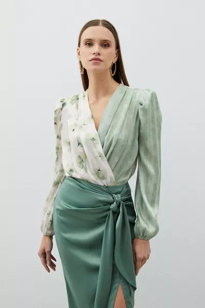 Çift Desenli Kruvaze Bodysuit Bluz - ÇAĞLA YEŞİLİ