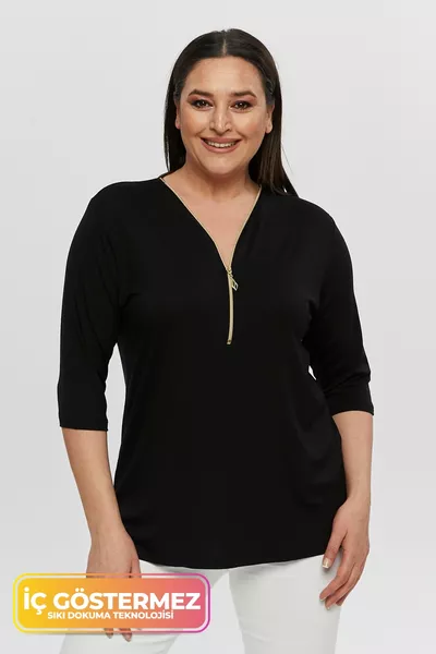 Plus Size New Season Capri Sleeve Blouse with Zipper Comfort Model, V-Neck, All-Season, Stylish Daily Blouse for Moms