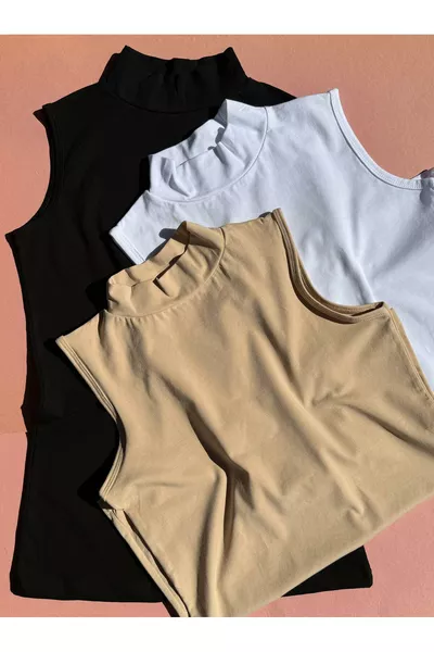 Комплект от 3 дамски потника с рибена яка в телесен, черен и бял цвят, незаменим памучен артикул