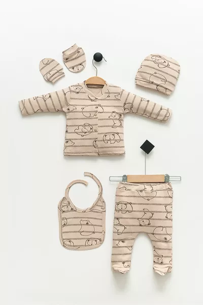 Hospital Discharge Sets Coffee Bear % Cotton 5-Piece Set Newborn Baby Clothes - Gift Packaged