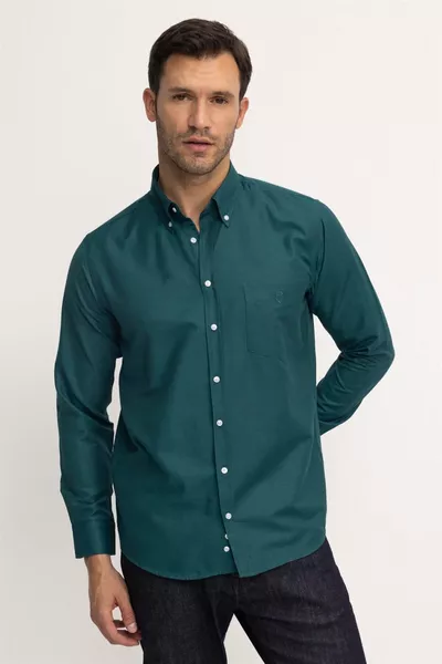 Erkek Regular Fit Klasik Kesim Oxford Doku Yaka Düğmeli Cepli Nakışlı Yeşil Gömlek