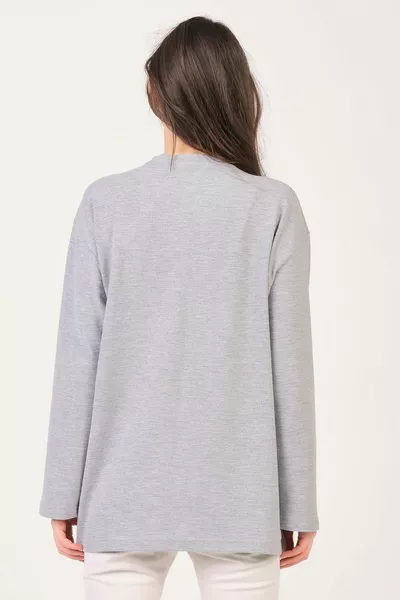 T-shirt Clasy da donna grigia a maniche lunghe con scollo rotondo basic oversize