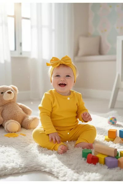 طقم رضيع أصفر: بنطال ضيق، بلوزة، وربطة رأس