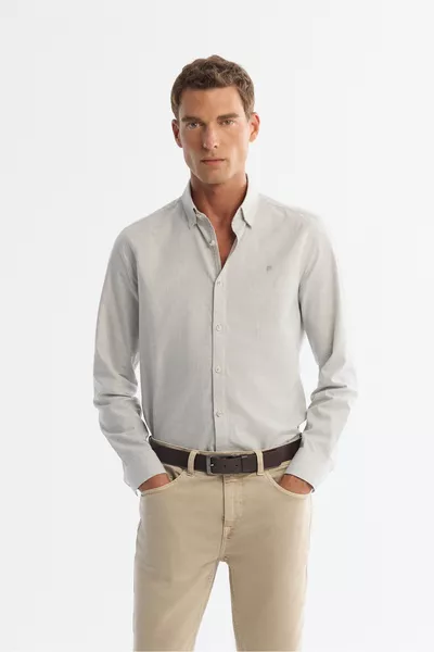 Erkek Gri Düğmeli Yaka % Pamuk Flanel Slim Fit Gömlek 