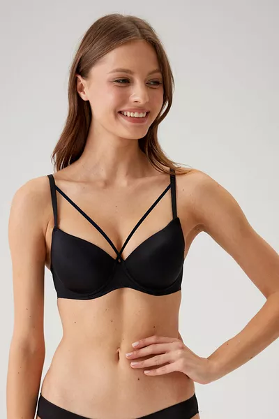 Set di Reggiseno Micro Imbottito Economico 2 pezzi  Adria Pietra Ecrù con Dettagli a Righe Nere (Slip in Omaggio)