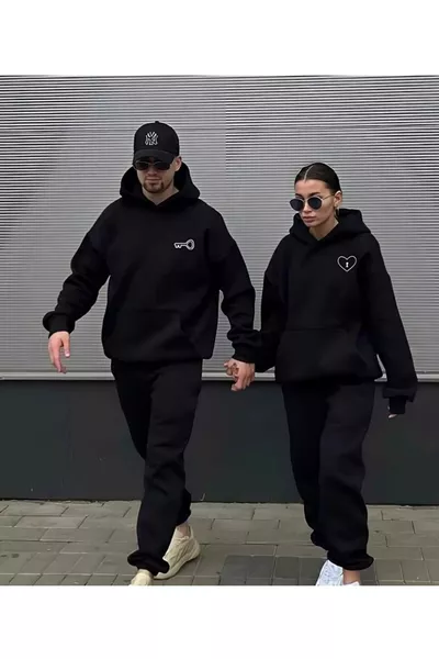 Unisex Couples' Matching Hoodie and Sweatpants Set with Heart Key Print for Men and Women, 2-Piece