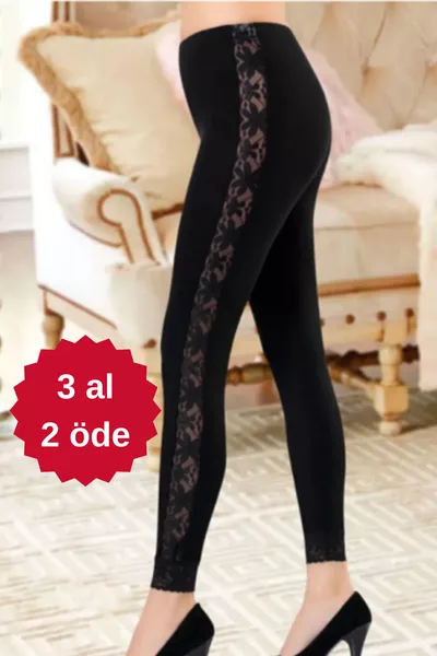 Black Long Women's Cotton Leggings with Lace Trim
