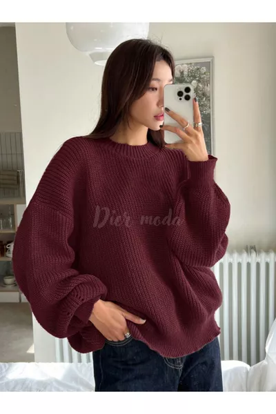 Kadın Bordo Oversize Triko Kazak