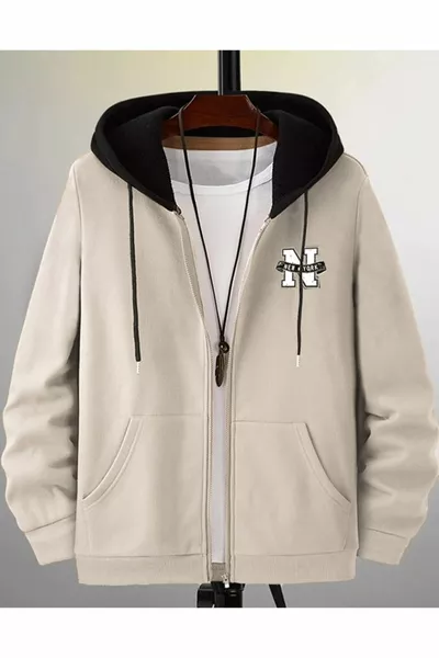 Мъжка жилетка с цип и качулка в бежов цвят с принт New York