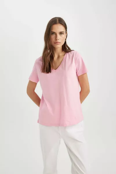 % Cotton Regular Fit V-Neck Basic Plain Short Sleeve T-Shirt SM