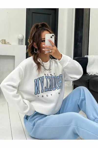 Brooklyn Tracksuit White Sweatshirt Baby Blue Jogger - Printed Oversized Fleece Crew Neck