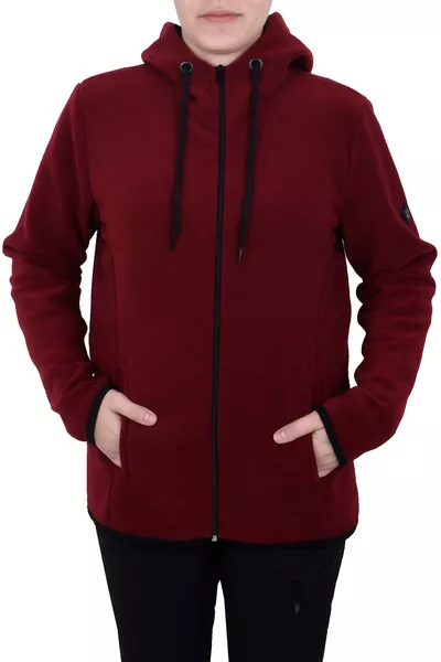 Женская бордовая флисовая кофта с капюшоном на молнии