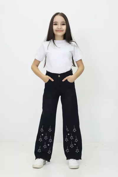 Girls' Wide-Leg Jeans with Star Embroidery and Fringed Hem Detail (Ages )