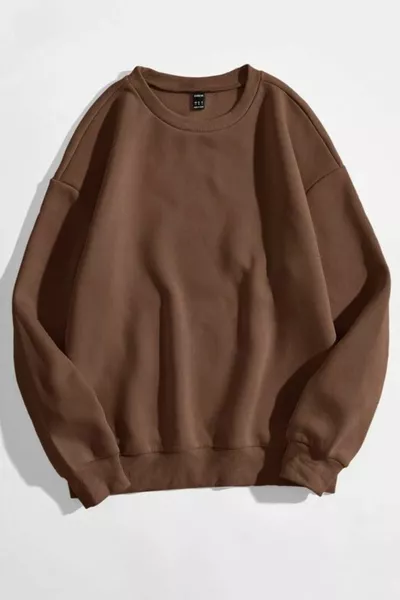 Unisex Kahverengi Düz Renk Bisiklet Yaka Oversize Sweatshirt