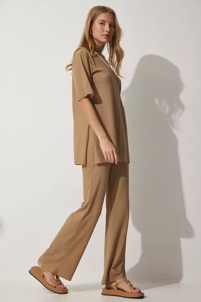 طقم نسائي بسكويت مطاطي مضلع منسوج علوي وتحتاني 