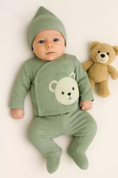 Baby Boy 3-Piece Hospital Exit Set with Teddy Bear Detail Newborn Outfit 0-3 Months cm Organic Cotton