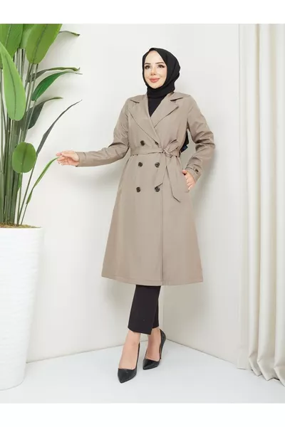 معطف جينز نسائي كبير الحجم موسمي مزود بأزرار وحزام تفصيلي