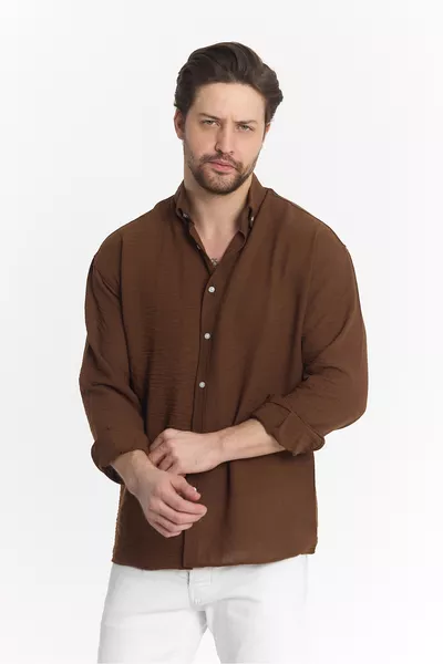 Men's Bitter Coffee Linen Textured Long Sleeve Oversized Shirt