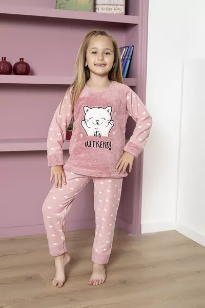 KAPI KIDS Long Sleeve Weekend Cat Powder Pink Girl Fleece Kids Pajama Set