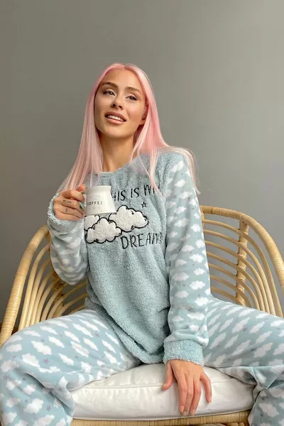 Mintgroene Moon Cloud patroon pluche pyjamaset voor dames