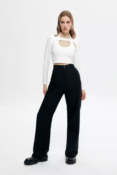 Pantalon en tissu Palazzo à jambes larges Noir