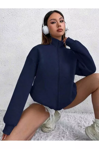 Kadın Lacivert Vintage  Sırt Baskılı Dik Yaka Boydan Fermuarlı Hırka