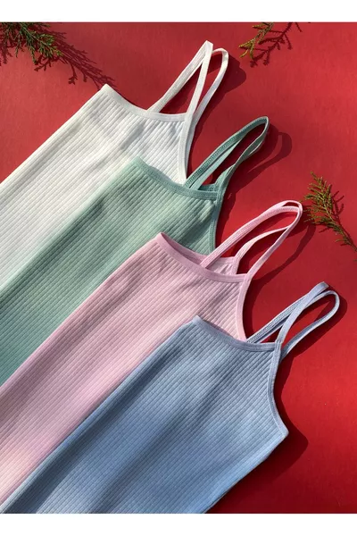 Lot de 4 débardeurs pour femmes en coton avec spandex, à bretelles fines (Vert, Bleu, Rose et Écru)