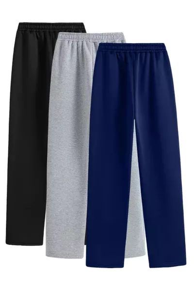 Pantaloni della tuta comodi a gamba dritta, modello baggy, set da 3 pezzi in nero, grigio e blu scuro
