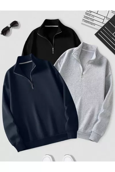 3-Pack High Neck Zip-Up Plain Sweatshirt Gray Black Navy
