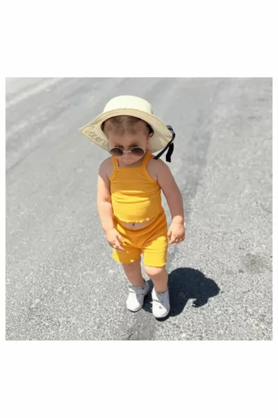 Sarı Bebek Çocuk Fitilli Ribana Crop Takım Alt-üst Yazlık Şort Takım