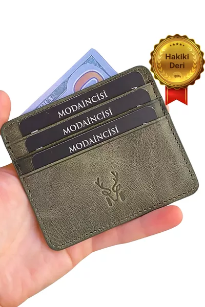 Мъжки зелен портфейл с мини размер от естествена кожа с подаръчна кутия за карти и визитки - Ariza