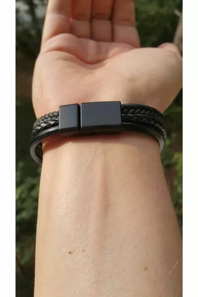 Браслет из черной плетеной кожи с 3 рядами