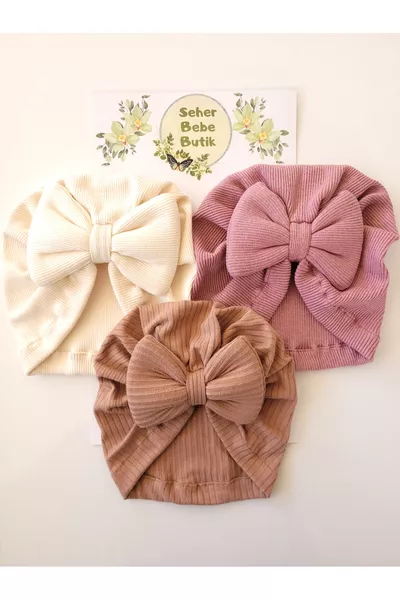 مجموعة قبعات للبنات والأطفال بثلاث قطع مع فيونكة ملونة