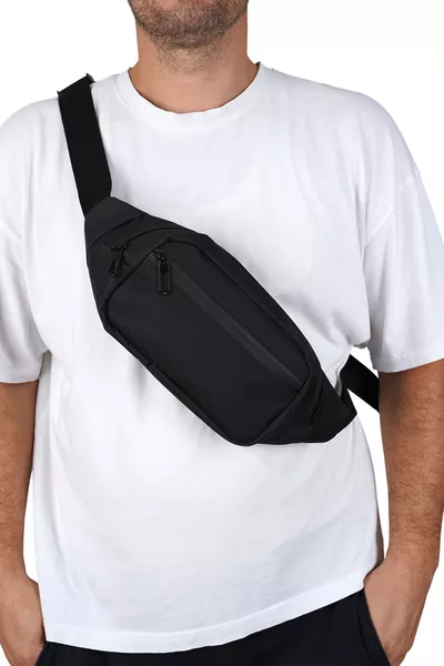 Unisex Siyah 2 Bölmeli Omuz Ve Bel Çantası, Su Geçirmez Fermuar Ve Kumaş
