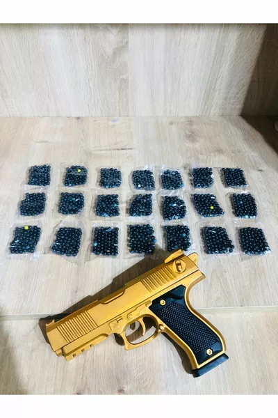 Gold-Siyah ve Gümüş Renk Boncuklu Oyuncak Tabanca 1 Adet +  Paket Boncuk