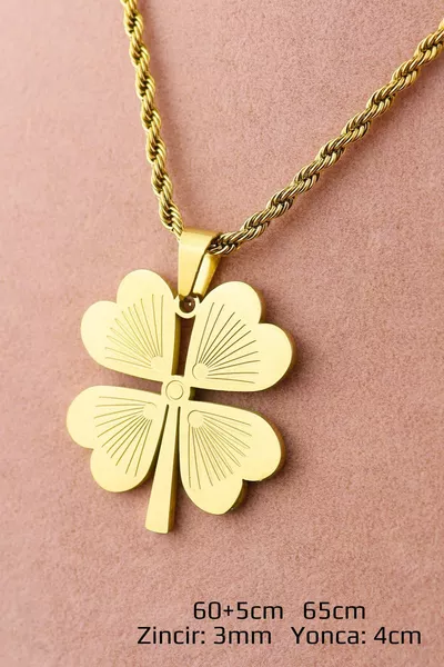 قلادة من الصلب - قلادة ذهبية بطرف ورقة البرسيم غير القابل للصدأ، موديل صائغ، طول +5 سم