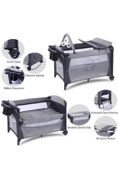 Sleep Side Play Lettino da Gioco Laterale con Culla a Dondolo, Zanzariera, Lettino per Bambini Senza Materasso