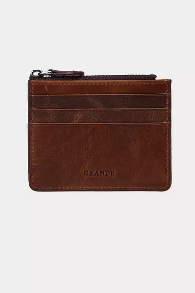 Portefeuille unisexe en cuir véritable avec fermeture éclair et compartiment à monnaie, style vieilli, couleur marron