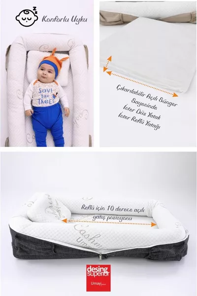 سرير ارتجاعي أصلي محمول مع حقيبة، وسادة، سرير صغير للأطفال، حقيبة الأم - رمادي منسوج