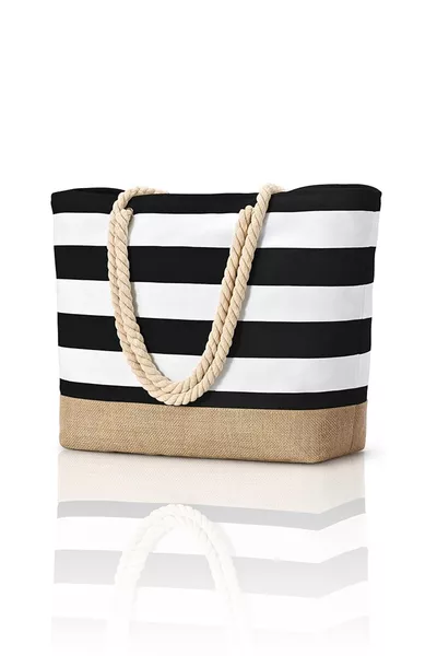 حقيبة شاطئ كبيرة مع تفاصيل قماش الجوت مقاوم للماء والرمل باللون الأسود