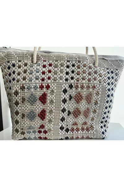 Desenli Kilim Seyahat Çantası Fermuarlı Plaj Çantası Otantik Piknik Çantası